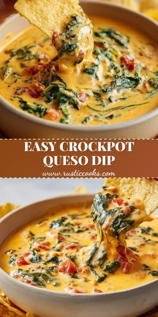 The Ultimate Slow Cooker Queso Spinach Dip for Game Day 4 A thick, creamy, melted orange-yellow Slow Cooker Queso Spinach Dip scooped onto a crisp yellow corn tortilla chip.