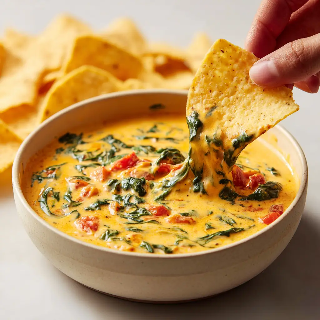 The Ultimate Slow Cooker Queso Spinach Dip for Game Day 2 A simple, shallow, off-white ceramic bowl filled with thick, creamy Slow Cooker Queso Spinach Dip, swirled with green spinach and red tomatoes.