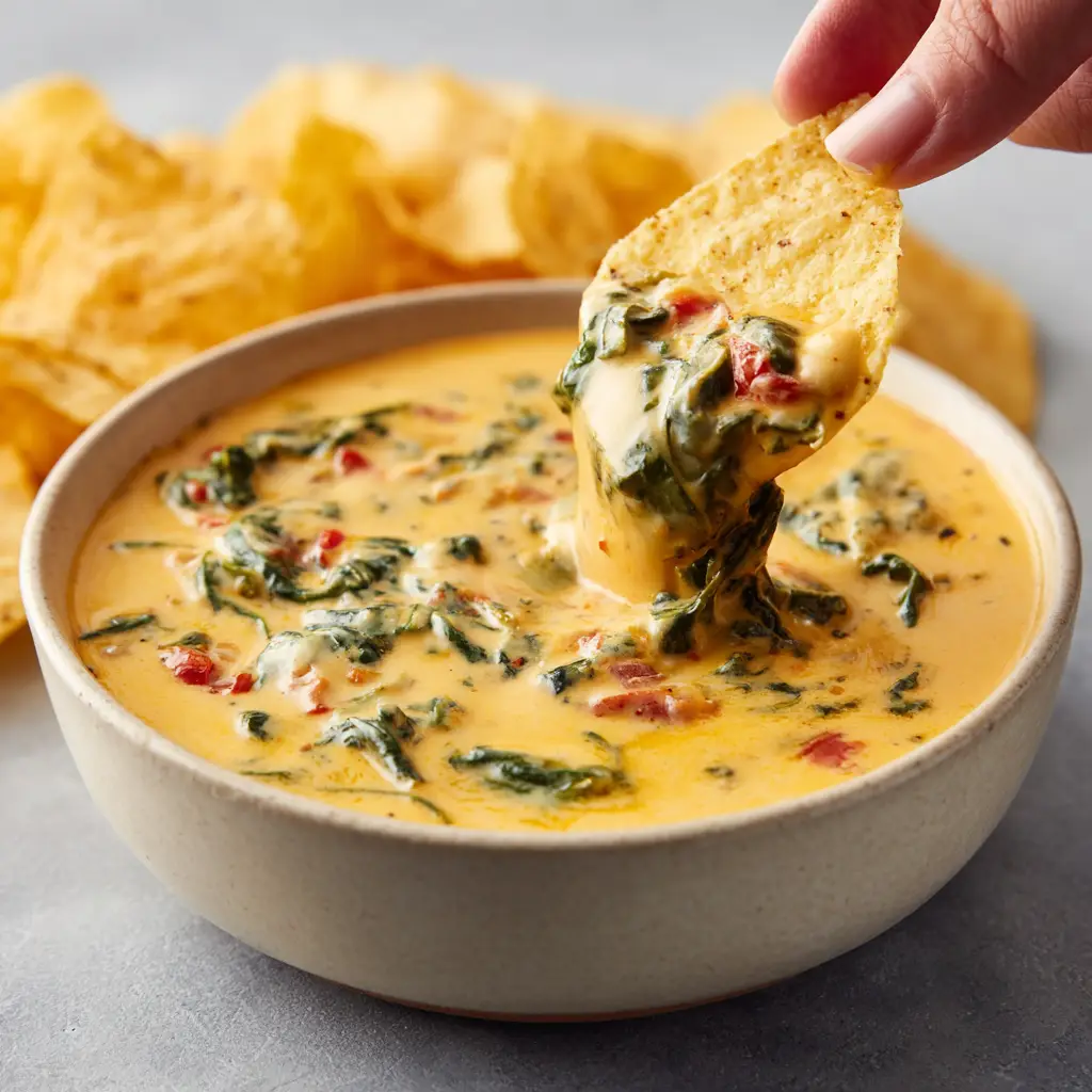 The Ultimate Slow Cooker Queso Spinach Dip for Game Day 1 Close up of a hand holding a single, crisp, yellow corn tortilla chip, dipping it into melted queso with a large scoop clinging to the chip.