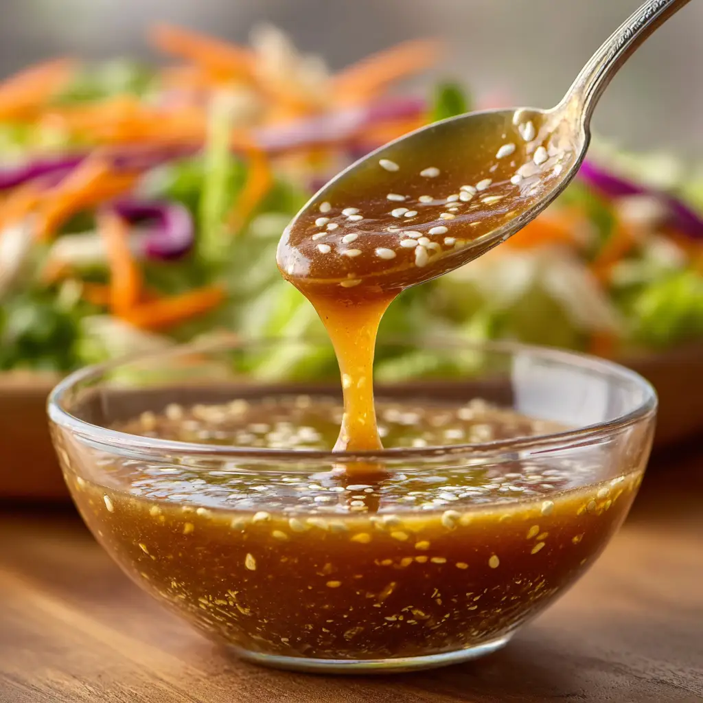A silver spoon resting in a small, clear glass bowl filled with thick, glossy Asian sesame dressing set on a warm-toned wooden surface with salad greens blurred in the background.