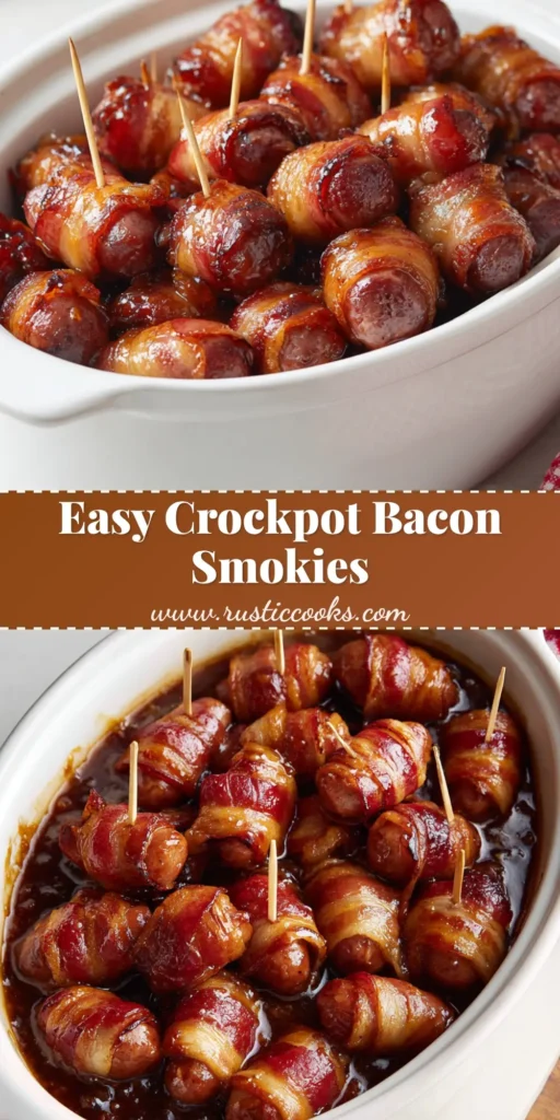 A large pile of Bacon Wrapped Smokies dripping with a thick dark amber brown sugar glaze, secured with wooden toothpicks.