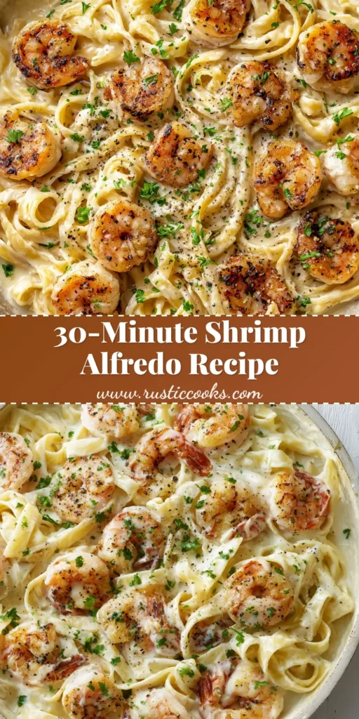 The Ultimate Charred Shrimp Fettuccine Alfredo 4 An overhead, close-up shot of Shrimp Fettuccine Alfredo served in a shallow pan on a white wood surface, featuring thick cream sauce, wide noodles, and charred shrimp garnished with parsley and pepper.