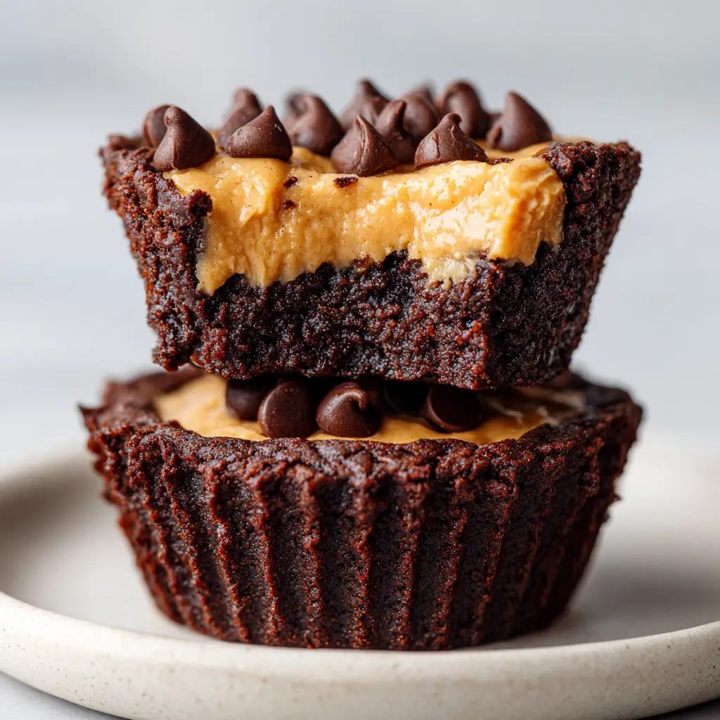 Candid handheld photo of a peanut butter brownie cup showing slightly crinkled, dark brown edges and whole semi-sweet chocolate chips.