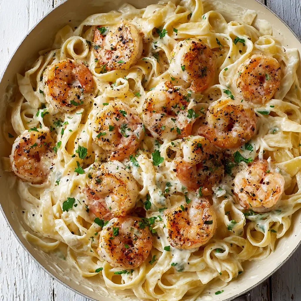 The Ultimate Charred Shrimp Fettuccine Alfredo 2 Wide fettuccine noodles thoroughly coated in a thick, off-white Alfredo sauce with plump, charred shrimp scattered throughout.