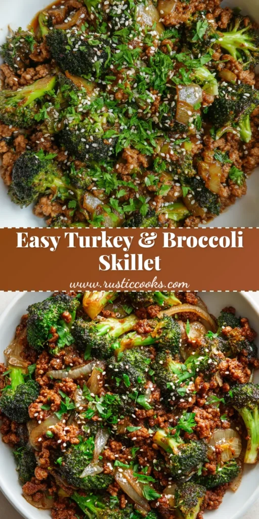 A savory ground turkey and broccoli stir-fry served in a shallow white ceramic bowl, featuring crumbled browned turkey, vibrant charred broccoli, translucent white onions, and a glossy brown sauce, garnished with sesame seeds and chopped parsley.
