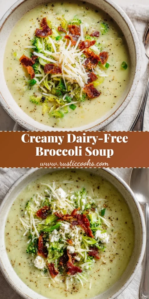 A rustic stoneware bowl filled with Dairy-Free Potato and Broccoli Soup, topped with crumbled bacon, dairy-free cheese, and scallions on a linen napkin.