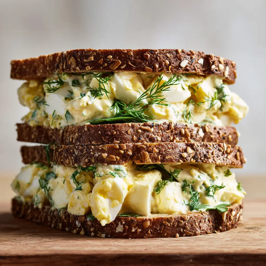Rustic dark whole grain bread stacked high with creamy cottage cheese egg salad on a wooden surface.