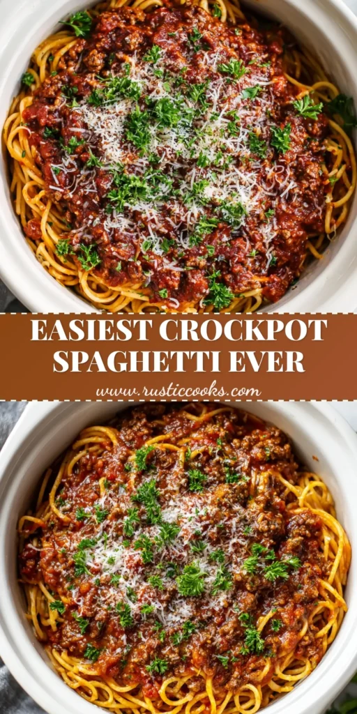 An overhead close-up shot of Crockpot Spaghetti with a thick, dark red meat sauce served in a white ceramic crockpot, generously sprinkled with parmesan and parsley.