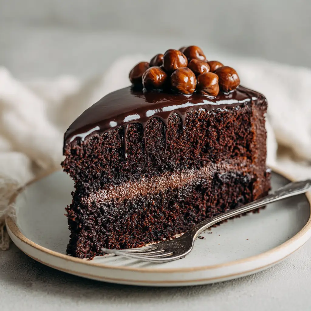 Close-up of the glossy, reflective dark chocolate ganache dripping over the Healthy Chocolate Cake Recipe.
