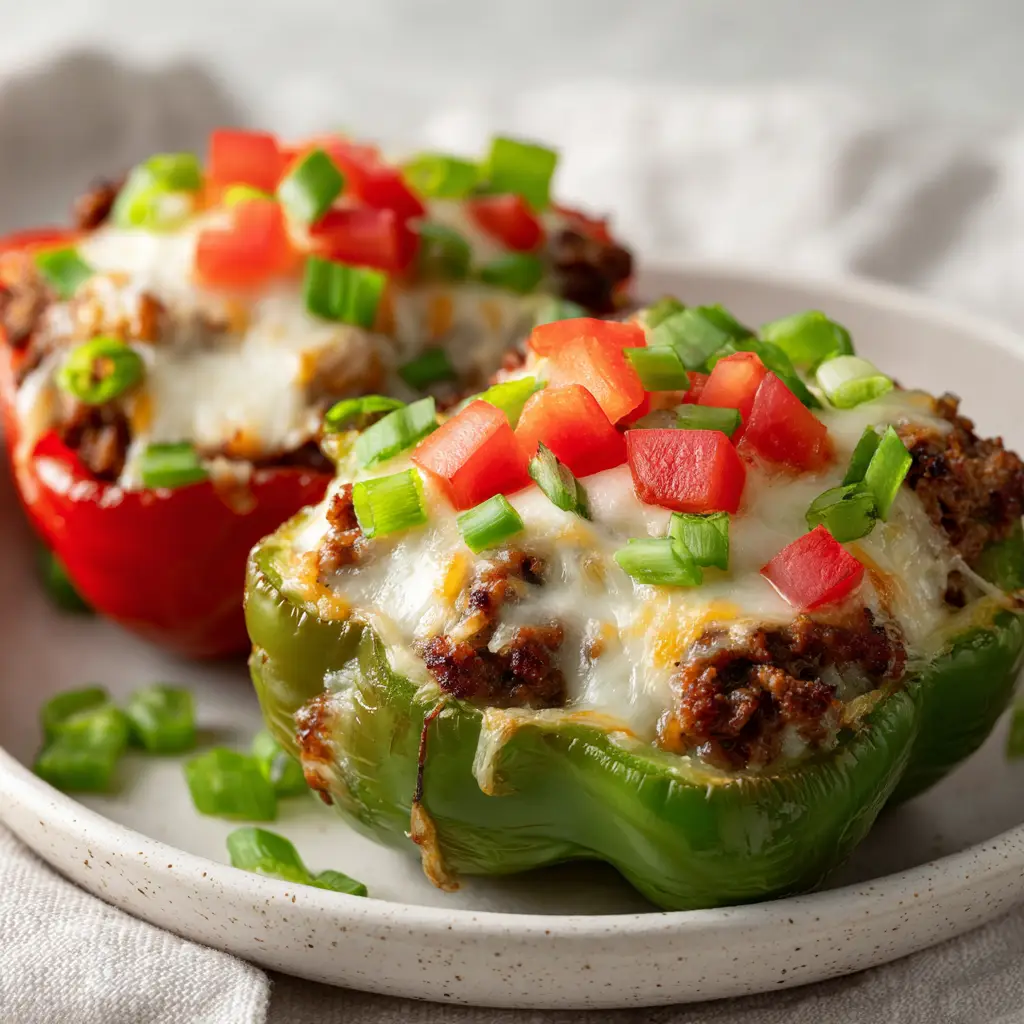 Generously stuffing pre-roasted green and red bell peppers with a savory creamy ground beef mixture before adding cheddar and mozzarella.