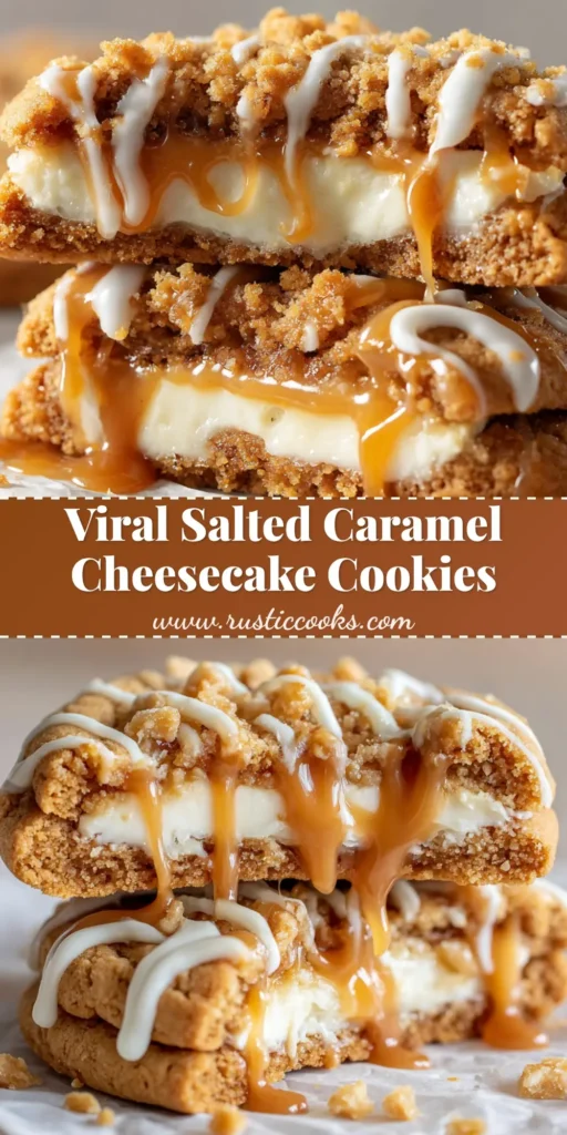 The Ultimate Salted Caramel Cheesecake Cookies 4 Salted Caramel Cheesecake Cookies split in half showing a gooey white cheesecake filling with caramel drizzle.