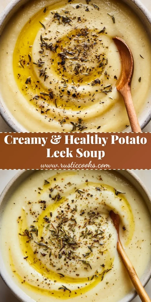 Rich & Velvety Potato Leek Soup: A Comforting Classic 4 Overhead view of creamy, pale yellow Potato Leek Soup in a white ceramic bowl, garnished with a swirl of golden olive oil, dried thyme, and coarse black pepper.