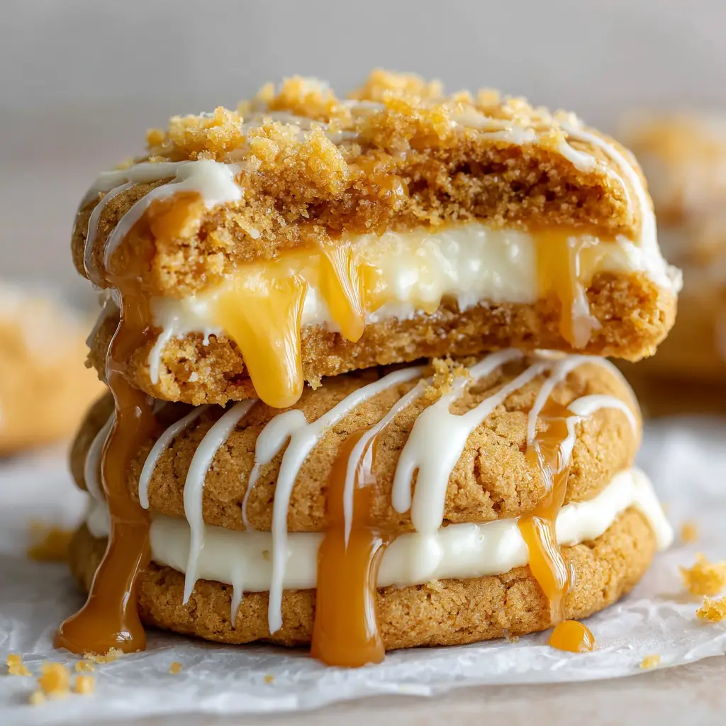 The Ultimate Salted Caramel Cheesecake Cookies 2 Close up of a thick golden-brown cookie stuffed with creamy white cheesecake filling and topped with caramel and golden crumbs.