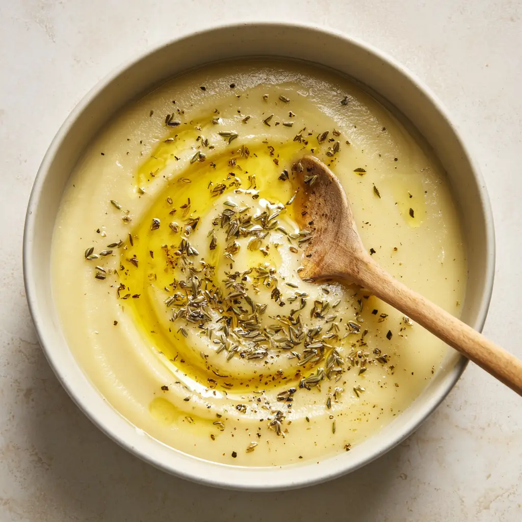 Rich & Velvety Potato Leek Soup: A Comforting Classic 2 Close-up of thick, pale yellow Potato Leek Soup featuring a glistening swirl of olive oil and a wooden spoon creating a slight ripple.