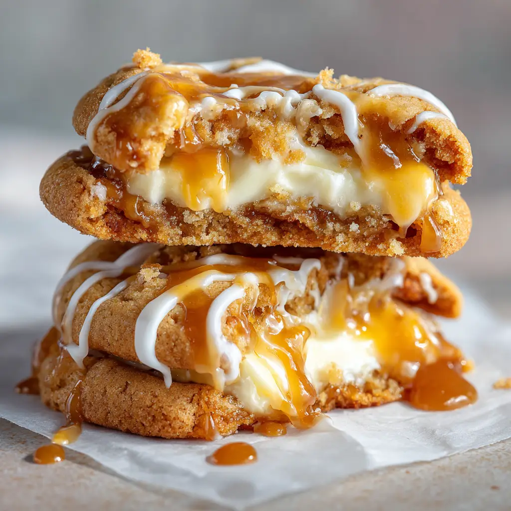The Ultimate Salted Caramel Cheesecake Cookies 1 Eye level shot of stacked salted caramel cheesecake cookies drizzled with white icing on parchment paper.
