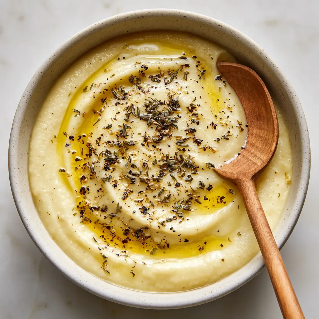 Rich & Velvety Potato Leek Soup: A Comforting Classic 1 Overhead shot of creamy potato and leek soup in a simple white bowl, dusted with fine dark dried thyme and cracked black pepper.