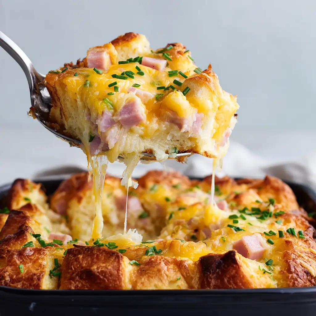Close-up detail of the Crescent Roll Breakfast Bake crust showing the contrast of golden pastry, pink ham, and finely chopped fresh green chives against a soft white background.