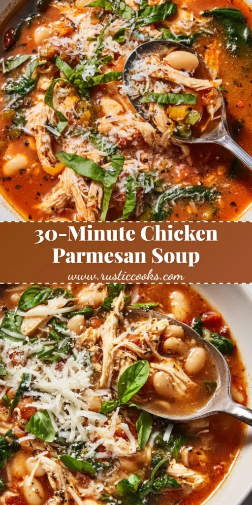 A close-up, top-down photograph of Chicken Parmesan Soup in a shallow white bowl, garnished generously with shredded parmesan and fresh basil.