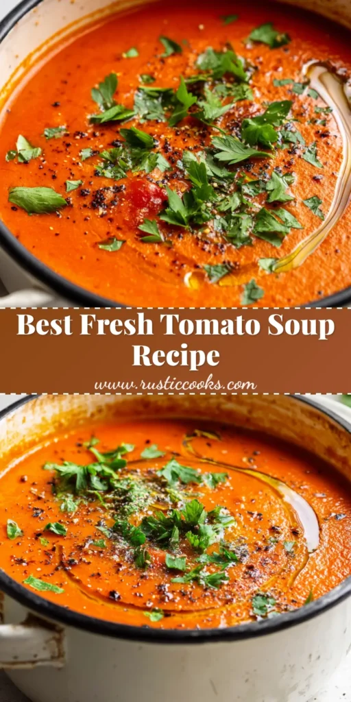 The Ultimate Homemade Tomato Soup with Fresh Parsley & Olive Oil 4 A rustic white enamel cooking pot with a black rim, filled to the brim with a thick, vibrant orange-red homemade tomato soup, garnished with a swirl of olive oil, coarse black pepper, and fresh parsley.