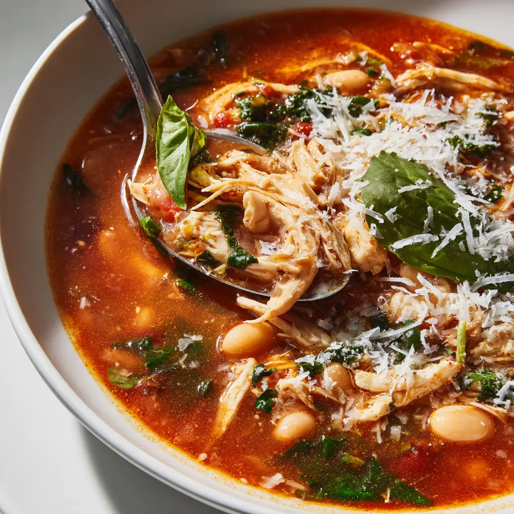 Close-up of vibrant Chicken Parmesan Soup ingredients highlighting bright soft natural light on melted parmesan and torn basil leaves.