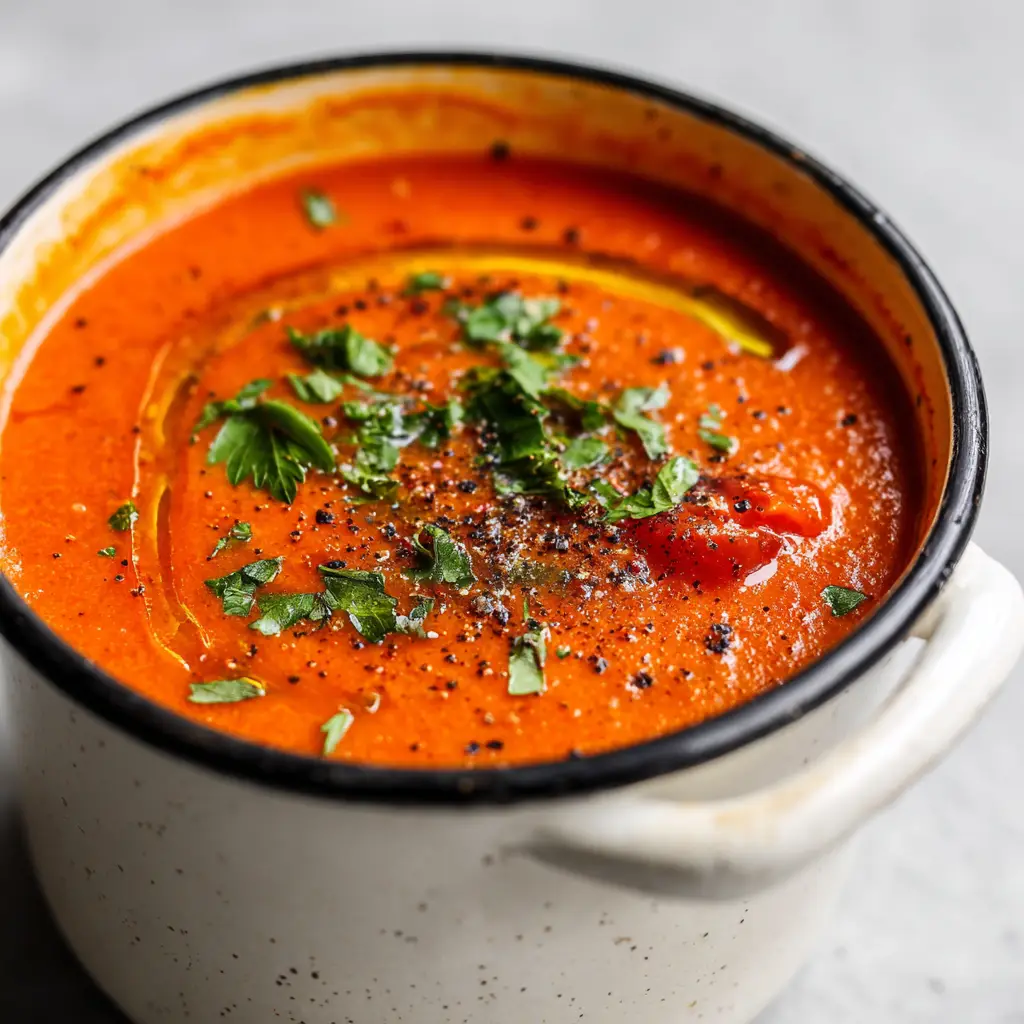 The Ultimate Homemade Tomato Soup with Fresh Parsley & Olive Oil 2 Close up top-down angle of vibrant orange-red homemade tomato soup showing soft chunks of cooked tomato and coarse black pepper.