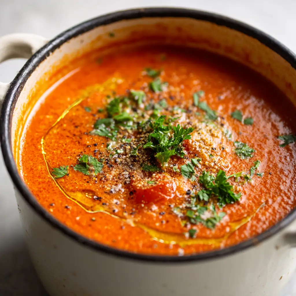 The Ultimate Homemade Tomato Soup with Fresh Parsley & Olive Oil 1 Handheld smartphone style photo of a rustic white cooking pot filled with homemade tomato soup with golden olive oil drizzle in soft natural daylight.