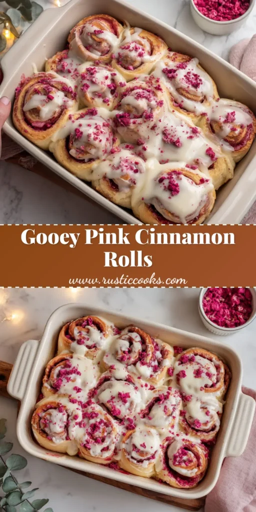 An overhead shot of freshly baked pink cinnamon rolls with raspberry jam, white cream cheese icing, and freeze-dried raspberry crumbles.