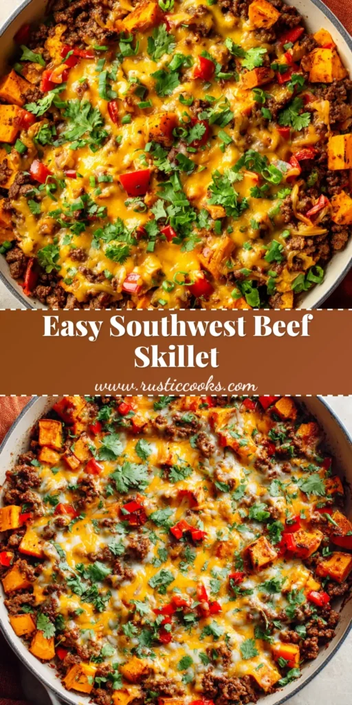 A close-up, overhead food photograph of a hearty Southwest Ground Beef and Sweet Potato Skillet in a white enameled cast-iron pan with melted cheese and fresh cilantro.