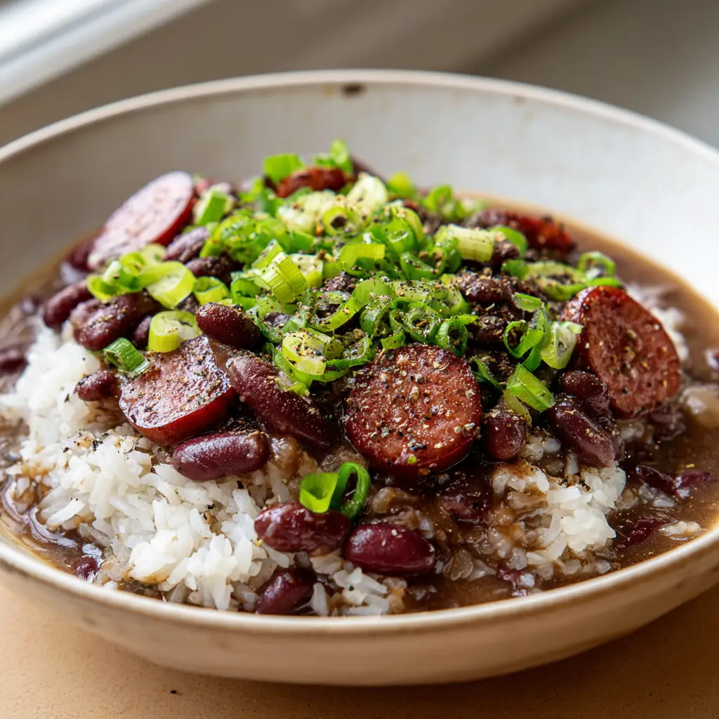 A white ceramic bowl filled with dark reddish-brown bean gravy ladled over steamed white rice, garnished with vibrant crisp green onions.