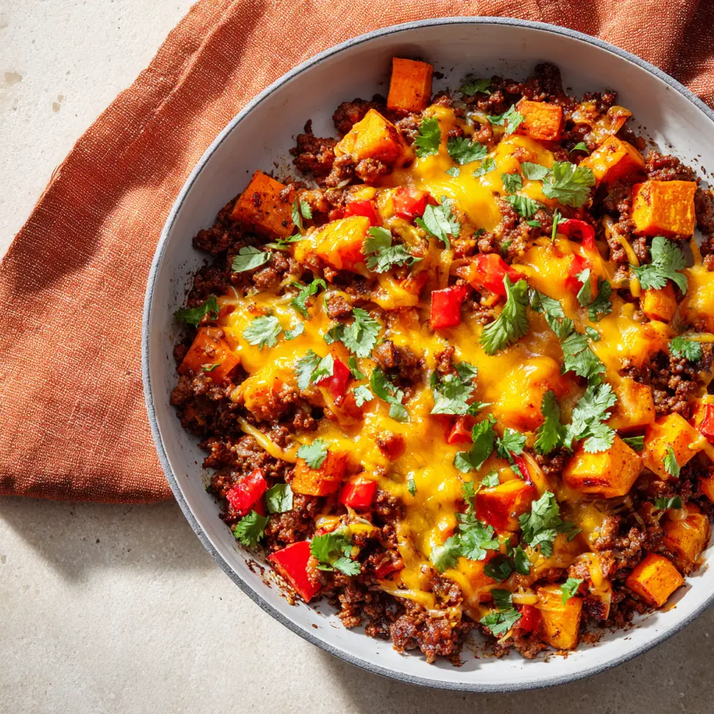 A generous layer of bubbly, golden-brown melted cheddar and monterey jack cheese topped with bright green cilantro on a skillet meal.