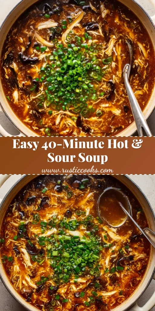 A large off-white enameled dutch oven filled with Hot and Sour Soup, featuring a dark brown glossy broth, shredded chicken, wispy egg ribbons, sliced shiitake mushrooms, and bright green scallions.