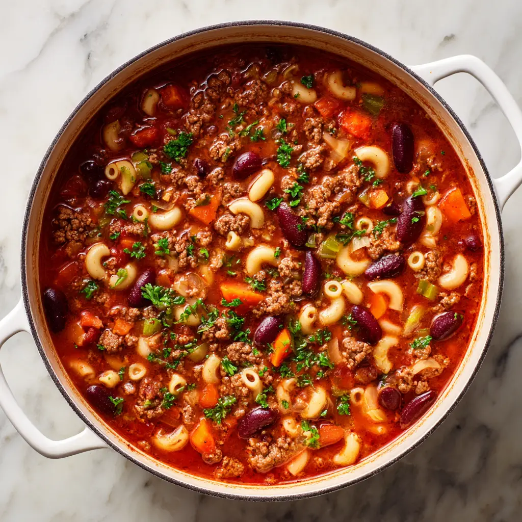 Scattered freshly chopped green parsley garnishing the top of a hearty bowl of Pasta e Fagioli on a white marble surface.