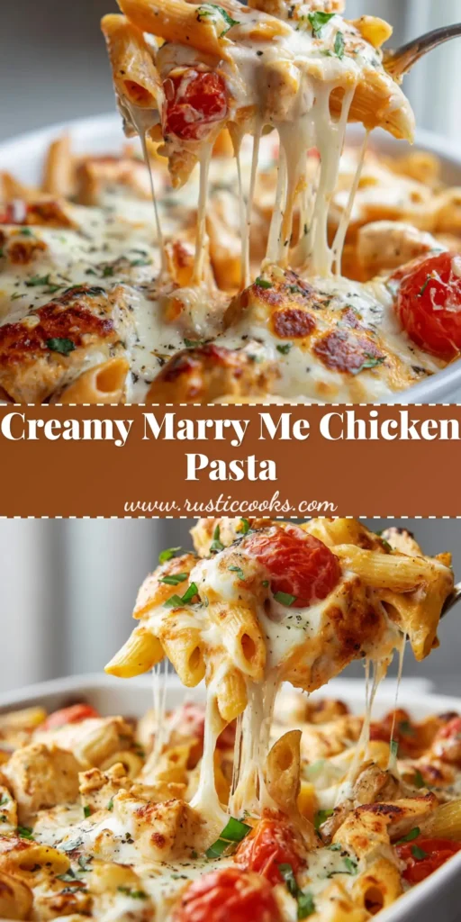 Close-up of Marry Me Chicken Pasta in a white ceramic dish, topped with blistered mozzarella, fresh chopped basil, and black pepper.