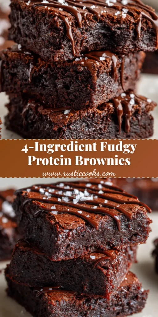 A close-up vertical stack of dense Protein Brownies with a crinkled top, drizzled in melted dark chocolate and topped with coarse sea salt.