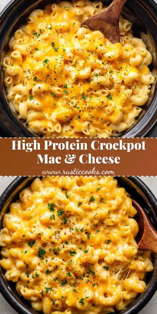 A top-down view of a black ceramic slow cooker insert filled with creamy, glossy Crockpot Cottage Cheese Mac and Cheese, garnished with parsley and pepper.