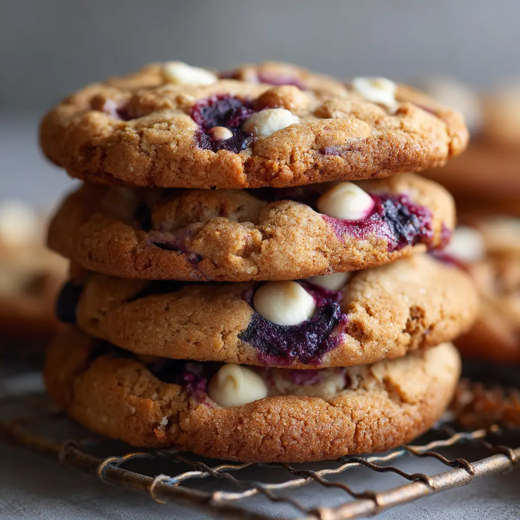 Close up of golden-brown baked cookie dough with crinkled edges, melted white chocolate pools, and sweet blueberry juice staining the surrounding crumb.