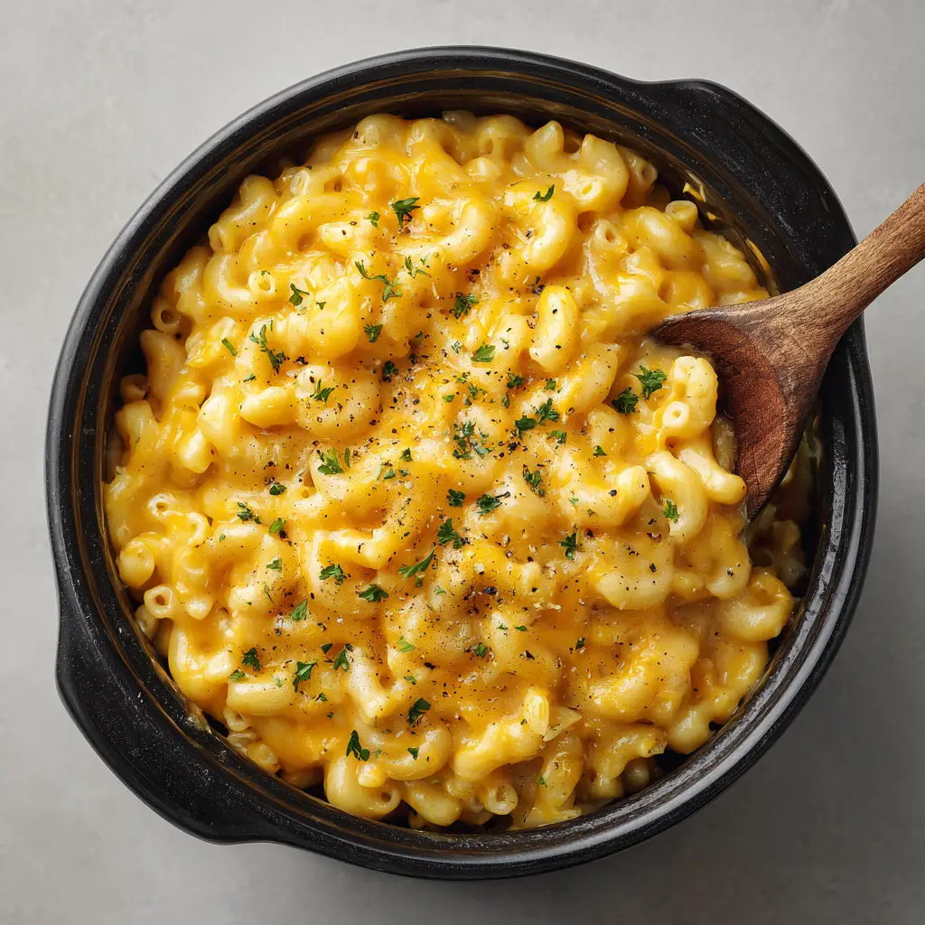A rustic wooden spoon submerged in a pot of thick, glossy Crockpot Cottage Cheese Mac and Cheese, showing off the ultra-creamy texture.