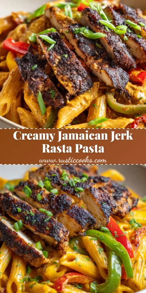 A wide ceramic bowl filled with creamy Jamaican Rasta Pasta, topped with sliced blackened jerk chicken, colorful bell peppers, scallions, and parsley.