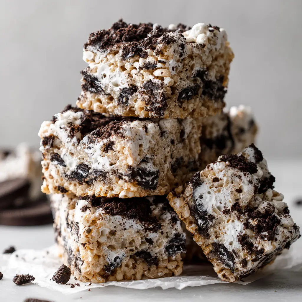 Stack of Oreo Rice Krispie Treats packed with crispy cereal, gooey marshmallows, and coarse chunks of Oreos on white parchment paper.