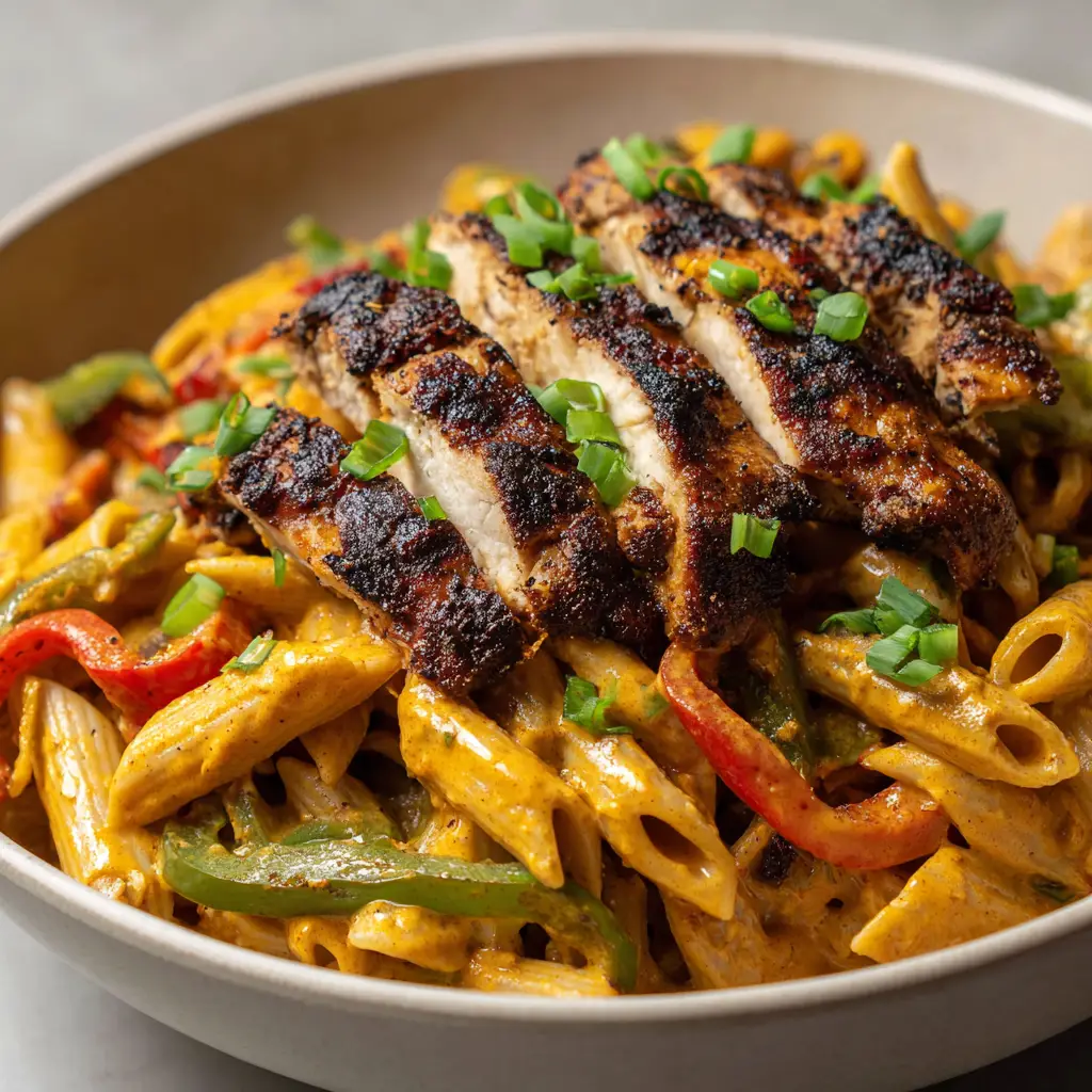 Ingredients for Jamaican Rasta Pasta, including penne pasta, heavy cream, jerk seasoning, bell peppers, and chicken breasts.
