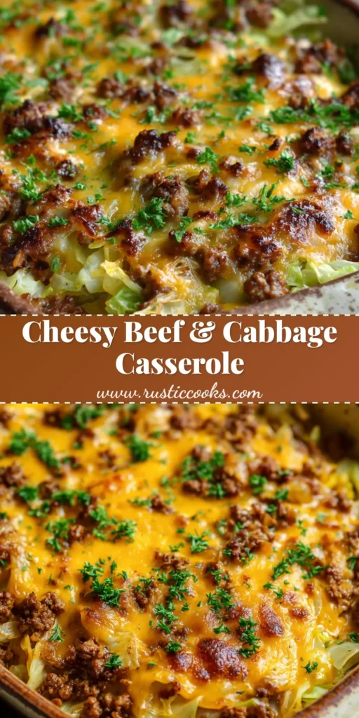 A close up shot of a freshly baked cheesy ground beef and cabbage casserole in a rustic ceramic baking dish.