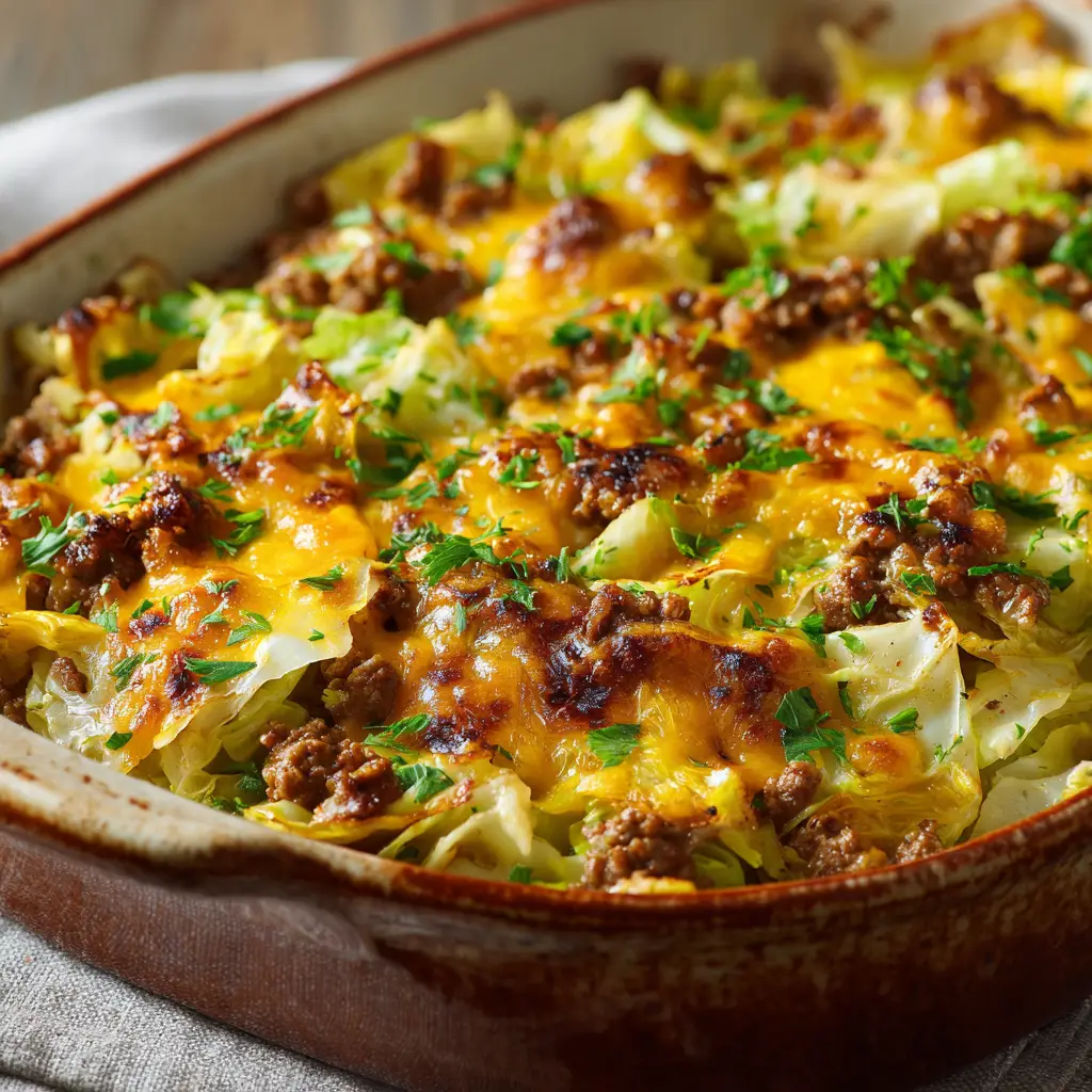Tender cooked chopped green cabbage layered with browned crumbly ground beef inside a ceramic baking dish.