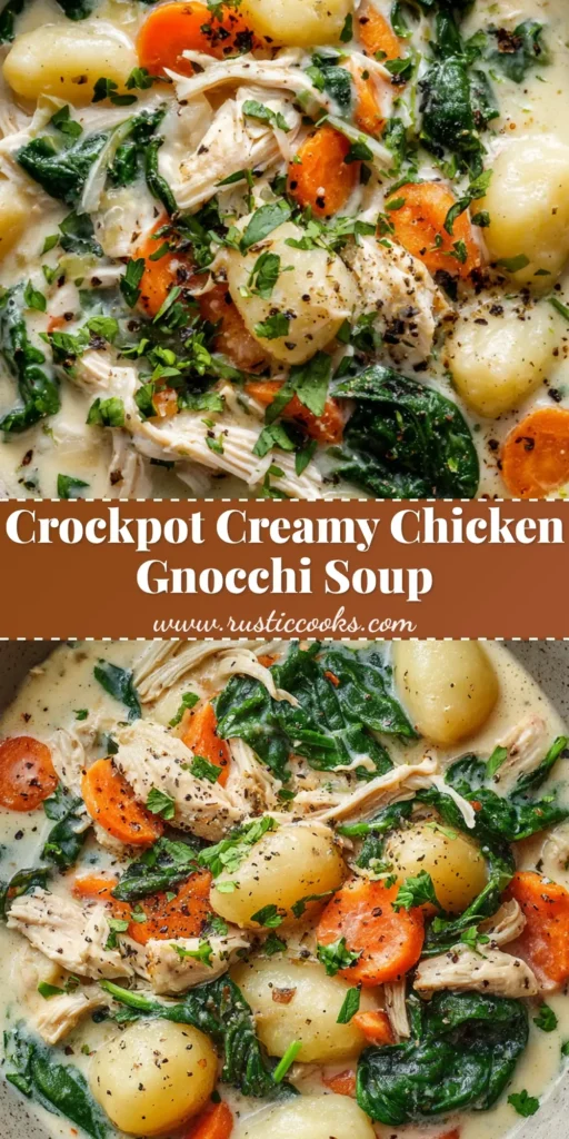 A rustic bowl of Crockpot Chicken Gnocchi Soup with soft gnocchi, shredded chicken, orange carrots, and wilted spinach in a creamy broth.