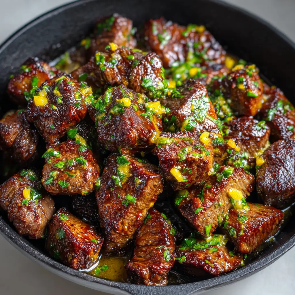 Steak bites searing in a hot cast-iron skillet developing a rich, dark brown caramelized crust.