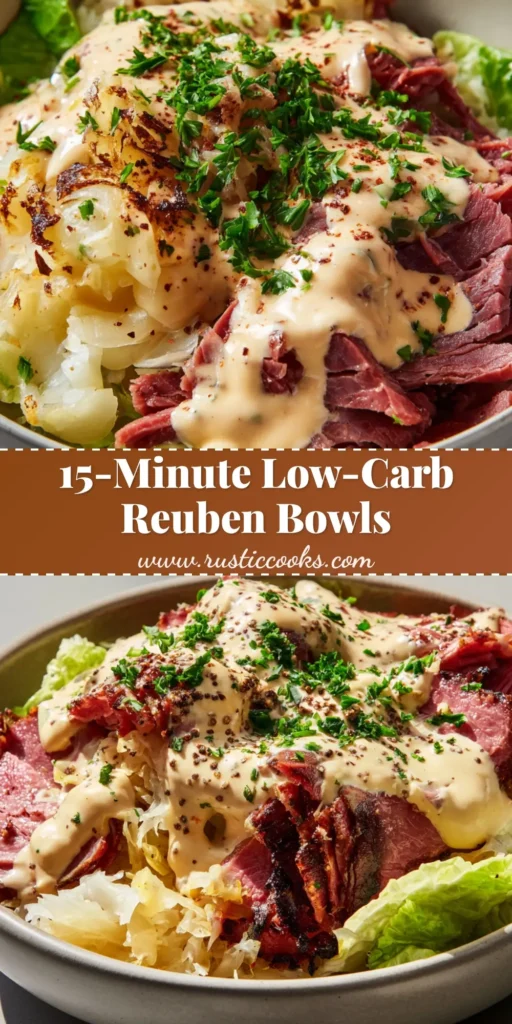A highly appetizing close-up of a Low-Carb Reuben Bowl featuring crispy seared corned beef, melted Swiss cheese, tangy sauerkraut, and creamy Russian dressing over a crisp lettuce base.