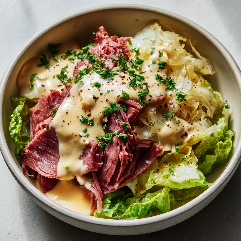 Close-up of crispy hot corned beef topped with gooey melted white Swiss cheese and wet pale yellow sauerkraut, garnished with dark caraway seeds.
