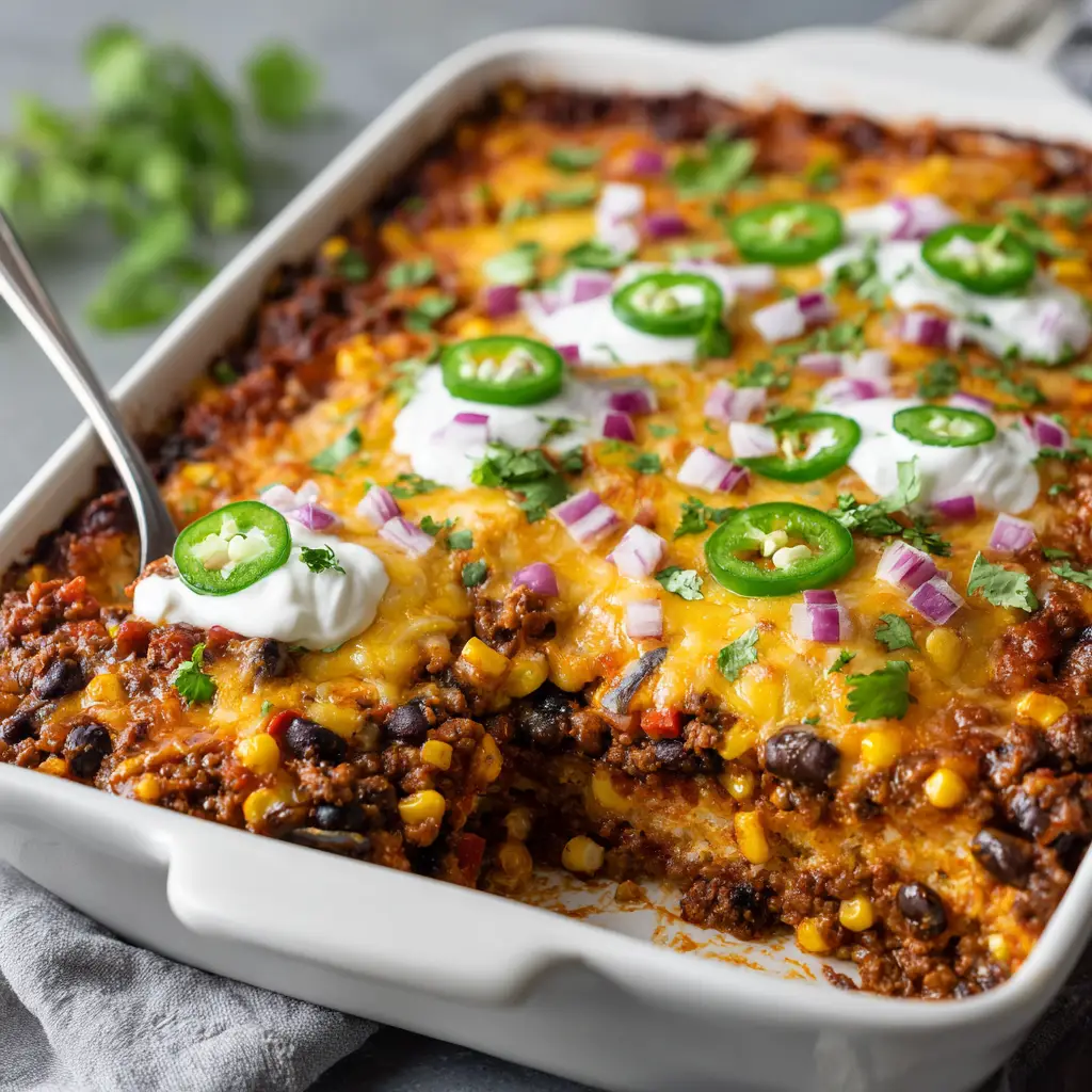 Close-up of freshly baked cheesy taco ground beef casserole in a white rectangular ceramic baking dish with fresh cilantro and jalapeno garnishes.