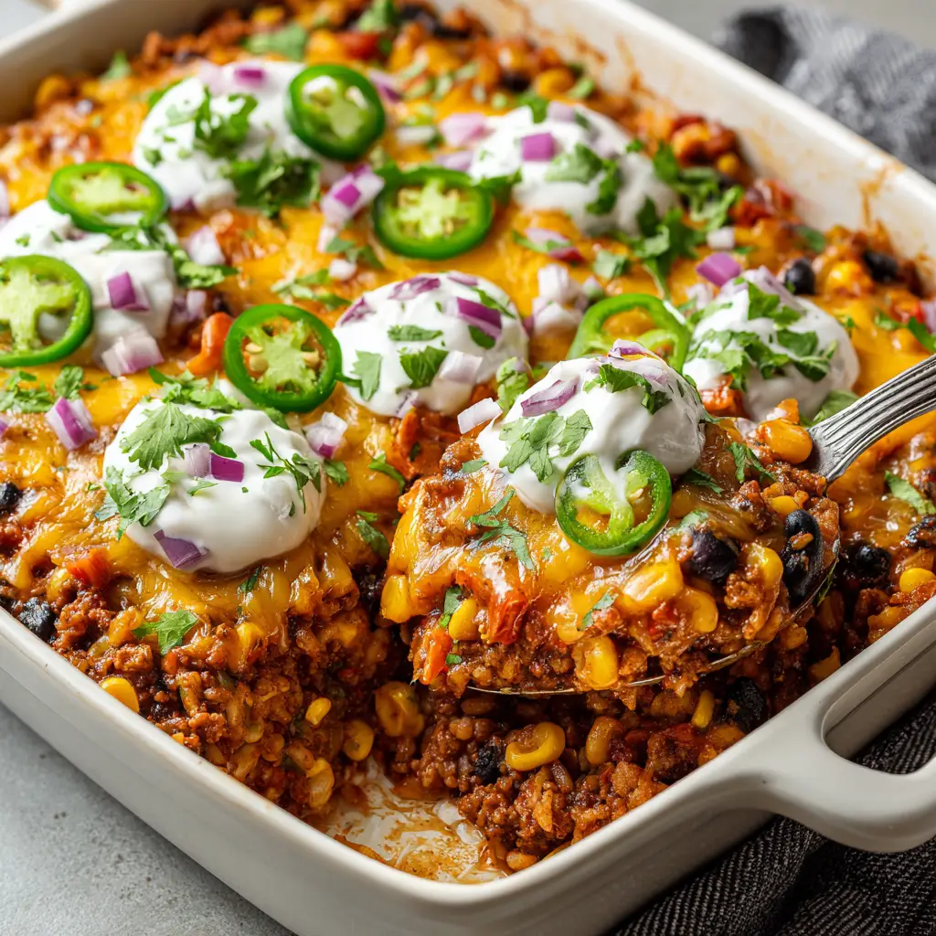 A serving spoon scooping into the corner of a cheesy taco ground beef casserole, revealing the warm, saucy filling inside.