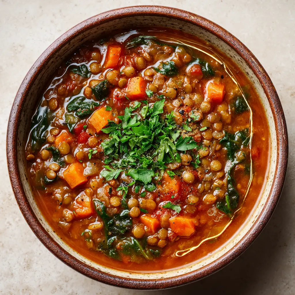 Close up of a spoonful of lentil vegetable soup showing tender brown lentils, orange diced carrots, and an olive oil drizzle on a rich tomato broth.