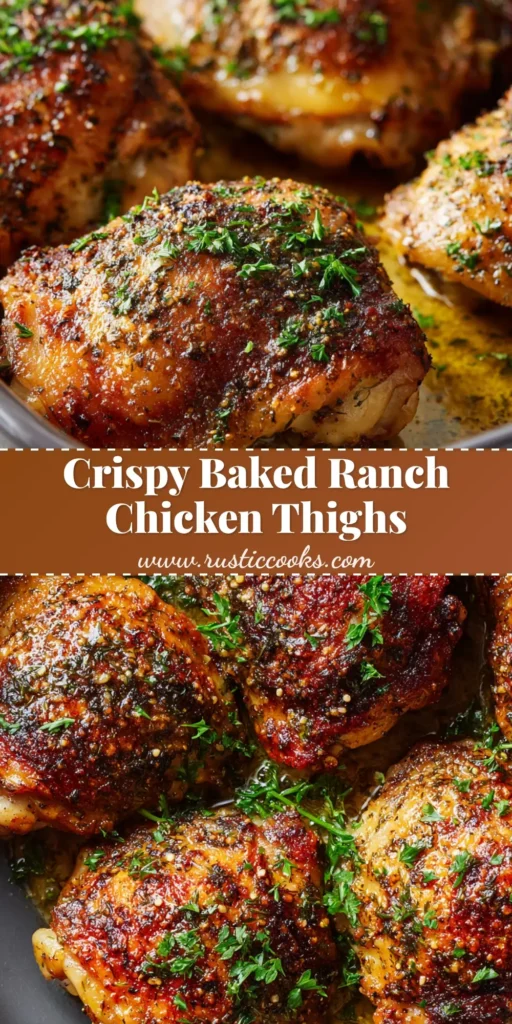 A close-up view of perfectly crispy skin-on Baked Ranch Chicken Thighs in a dark ceramic baking dish, garnished with fresh chopped parsley.